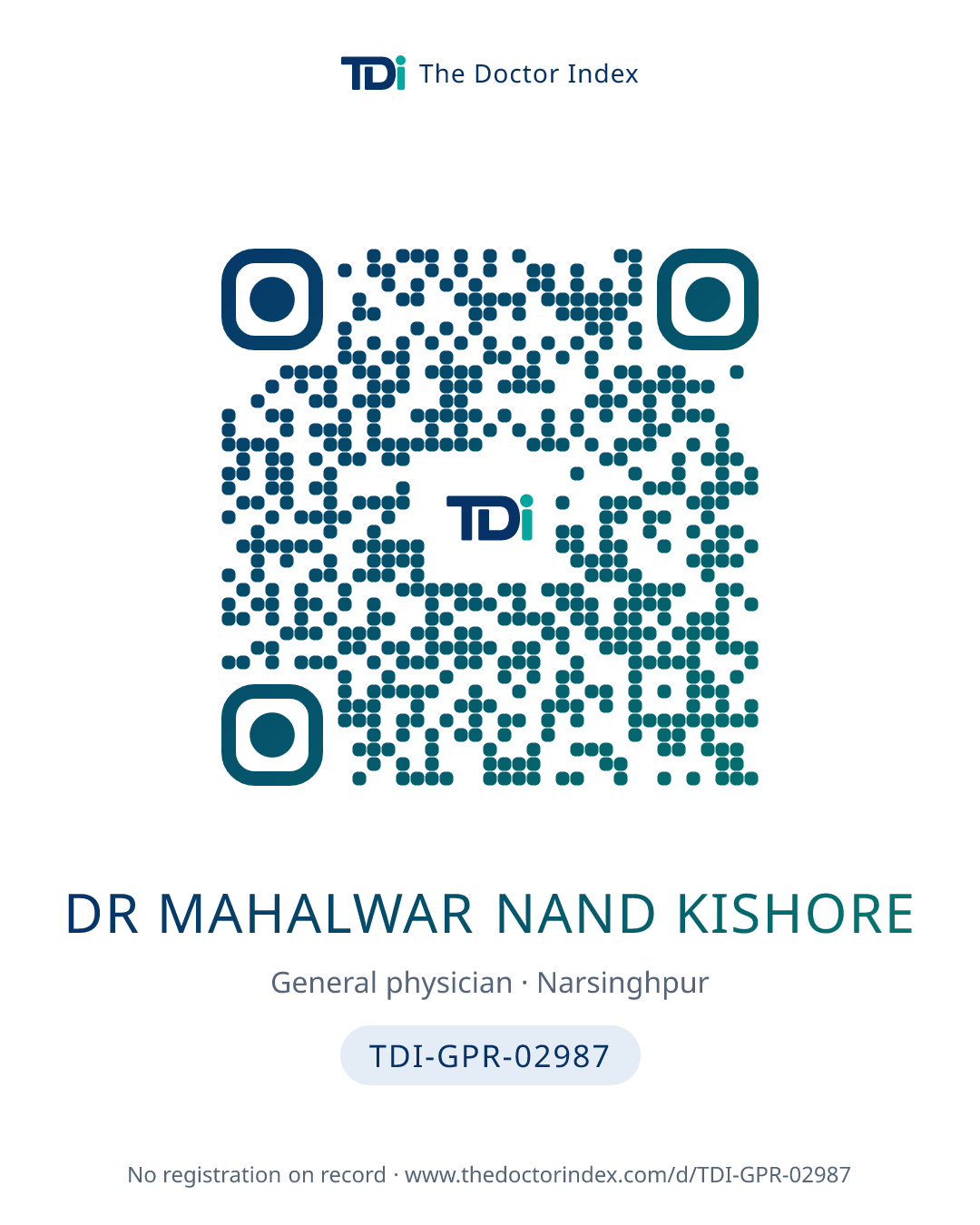 QR card for Dr Mahalwar Nand Kishore, TDI-GPR-02987