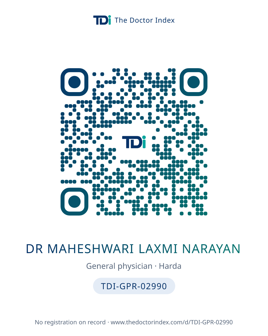 QR card for Dr Maheshwari Laxmi Narayan, TDI-GPR-02990