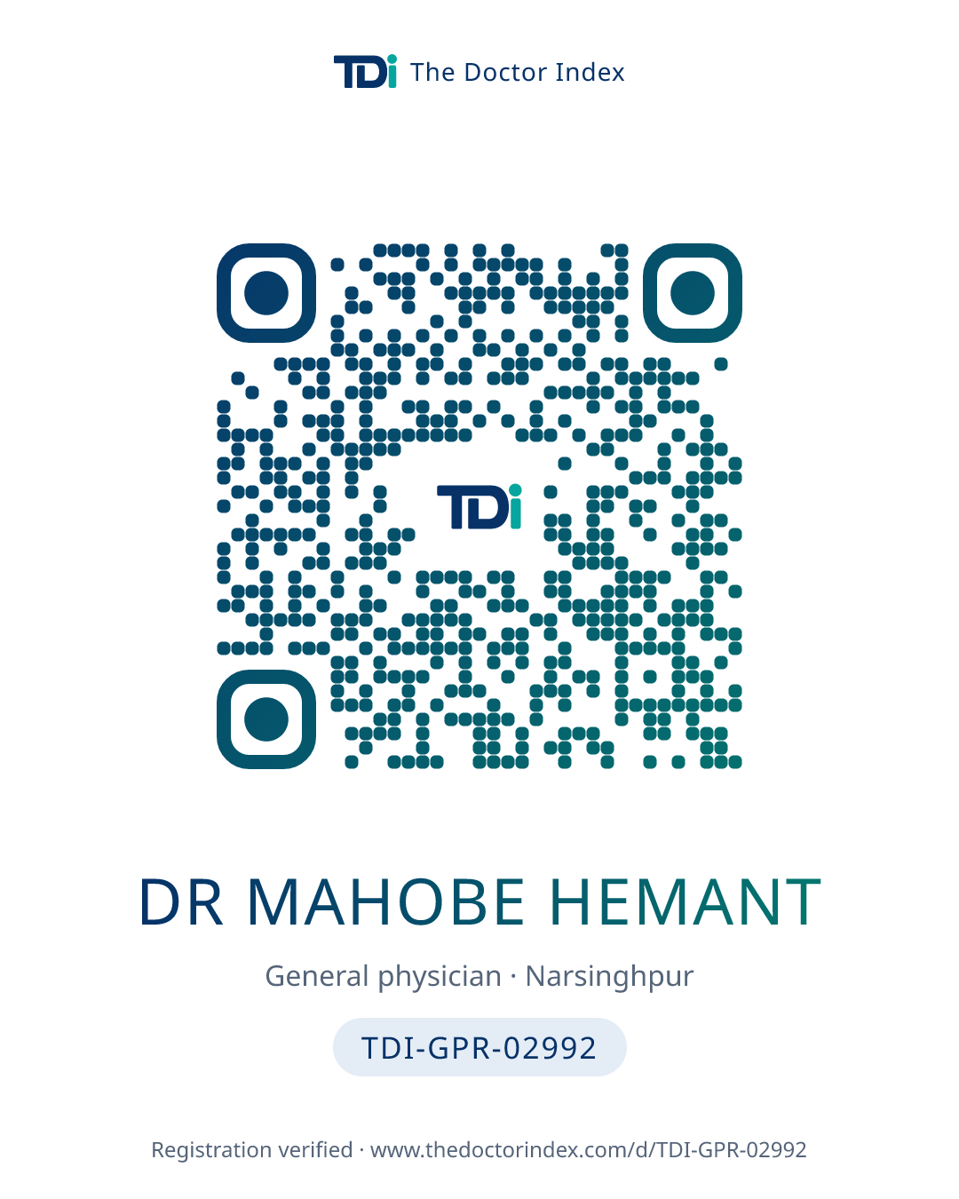 QR card for Dr Mahobe Hemant, TDI-GPR-02992