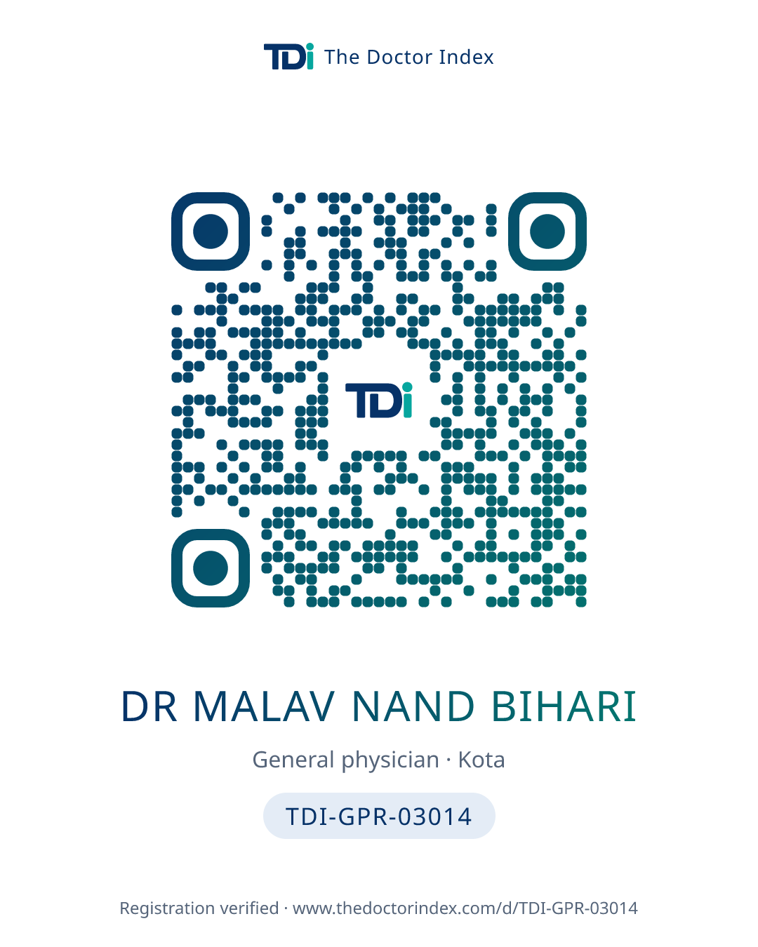 QR card for Dr Malav Nand Bihari, TDI-GPR-03014