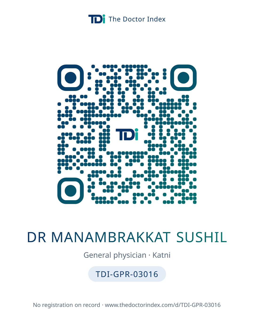 QR card for Dr Manambrakkat Sushil, TDI-GPR-03016