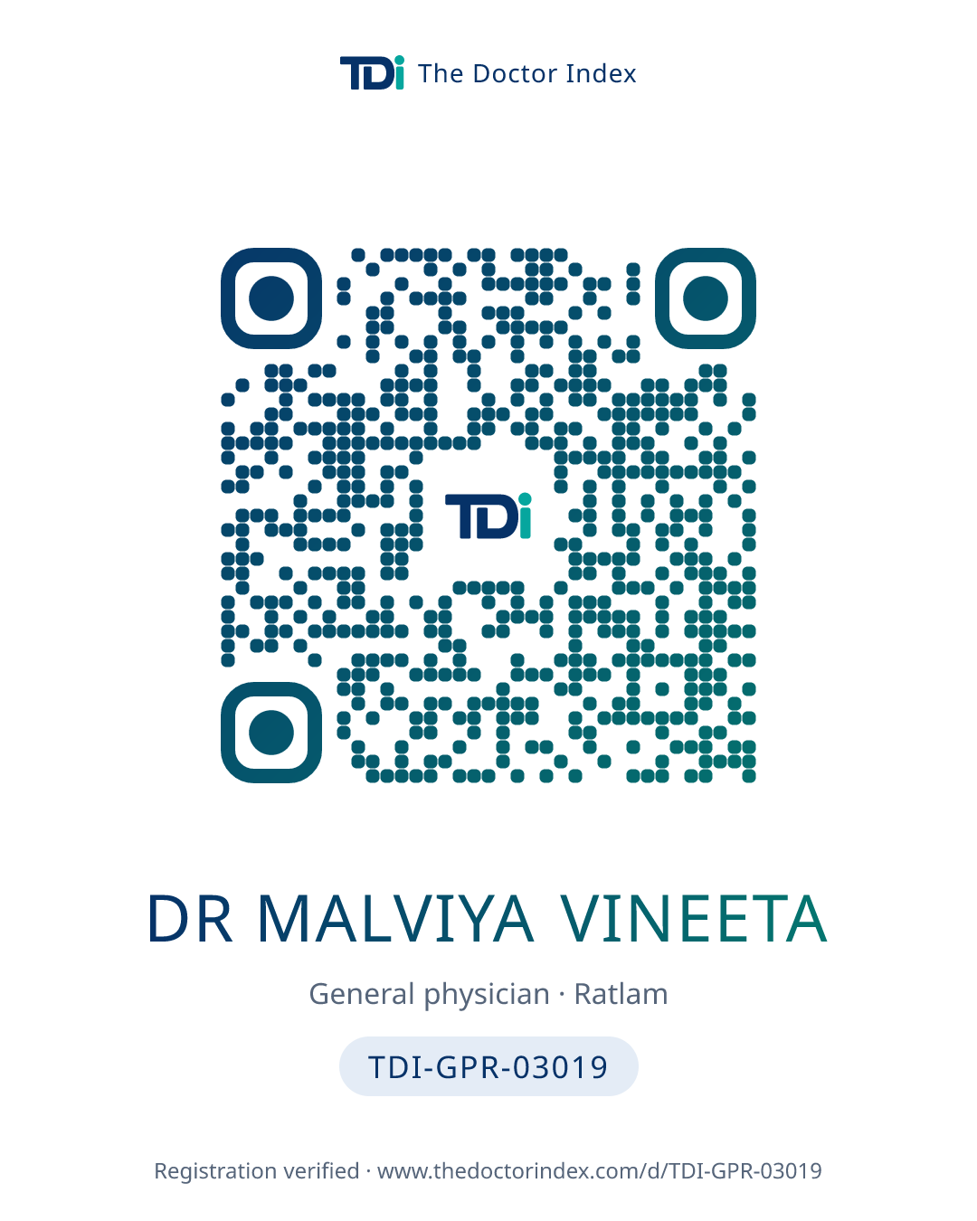 QR card for Dr Malviya Vineeta, TDI-GPR-03019
