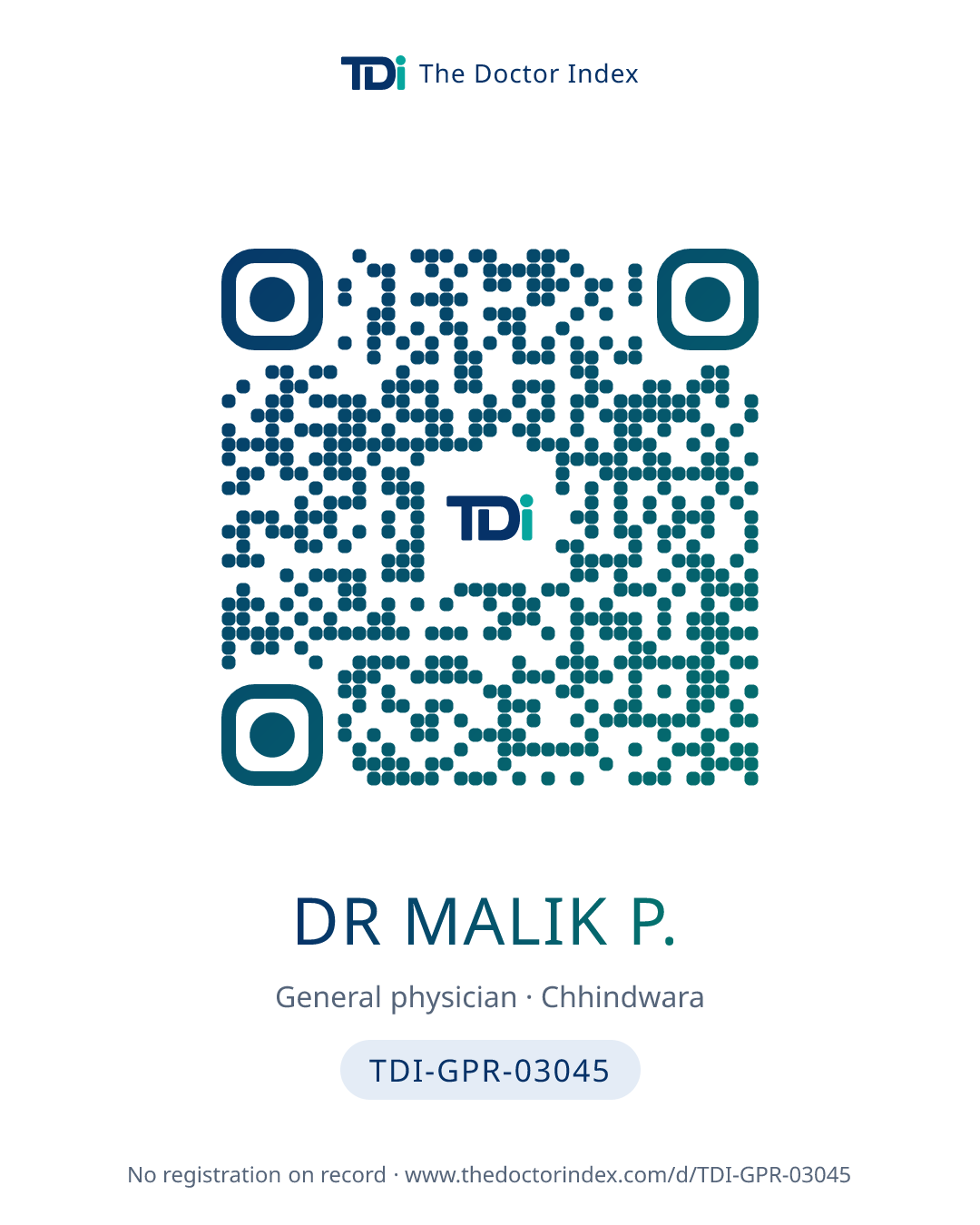 QR card for Dr Malik P., TDI-GPR-03045