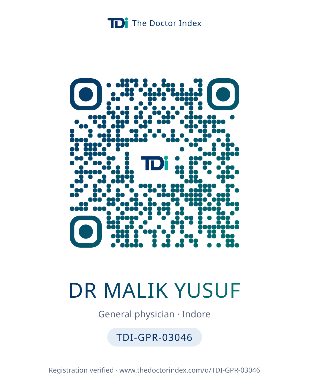 QR card for Dr Malik Yusuf, TDI-GPR-03046