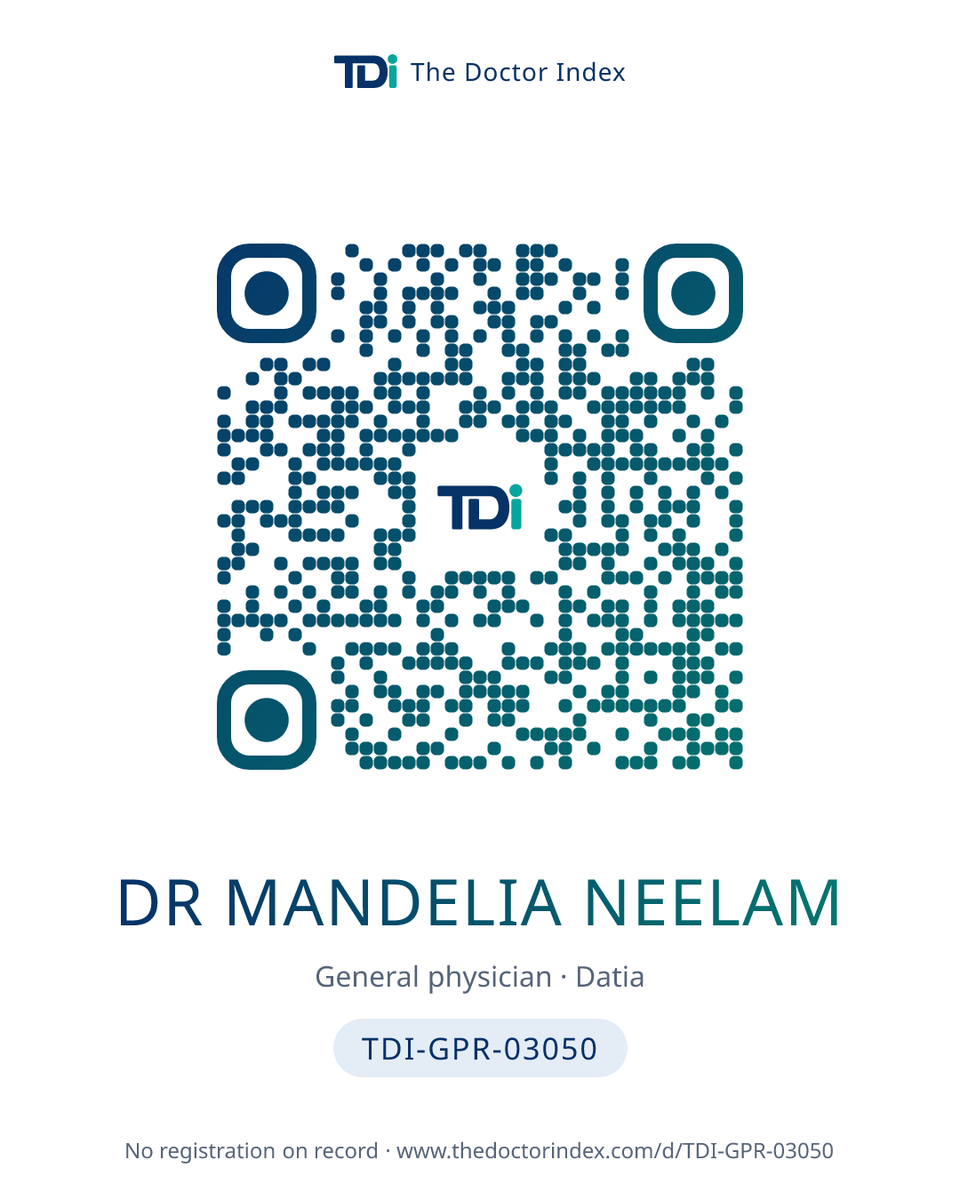 QR card for Dr Mandelia Neelam, TDI-GPR-03050