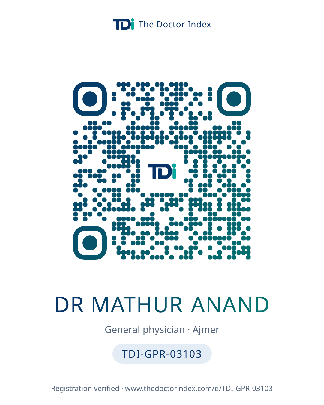 QR card for Dr Mathur Anand, TDI-GPR-03103