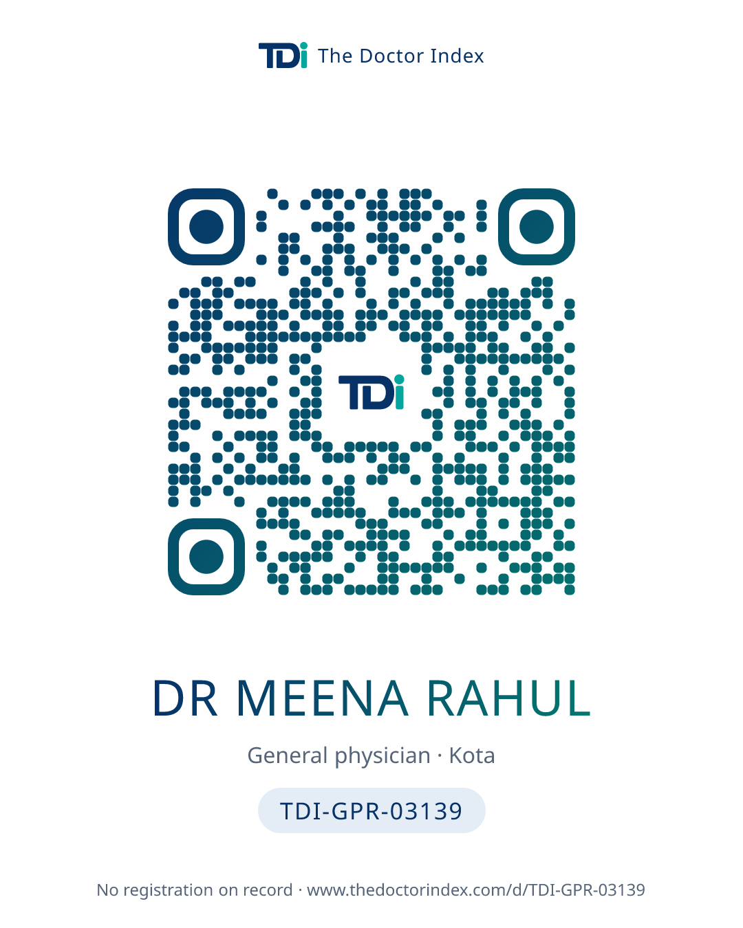 QR card for Dr Meena Rahul, TDI-GPR-03139