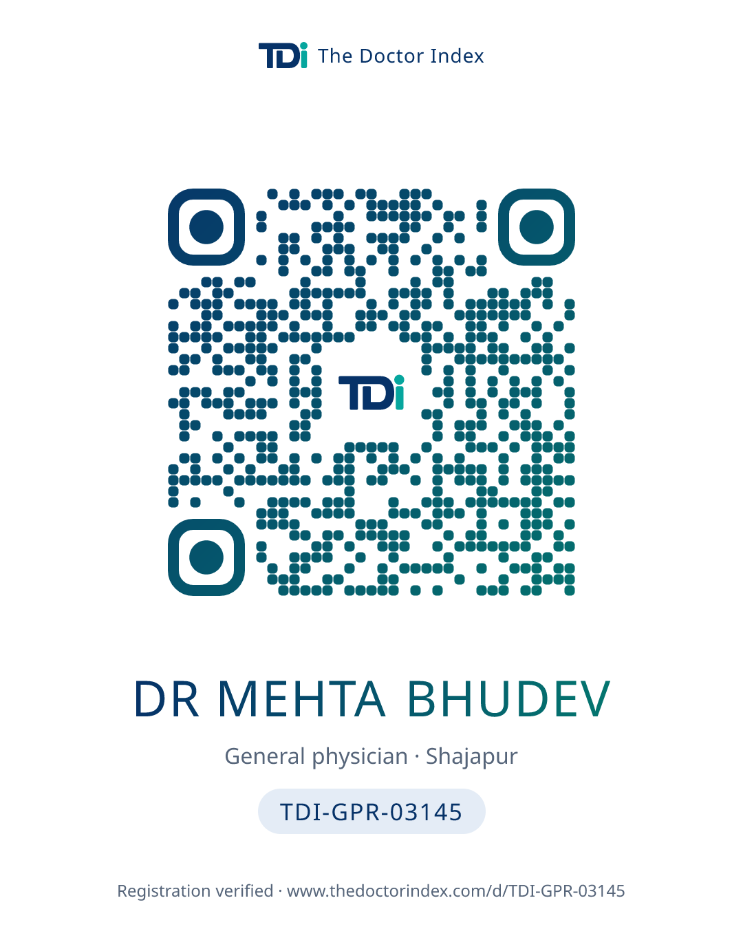 QR card for Dr Mehta Bhudev, TDI-GPR-03145