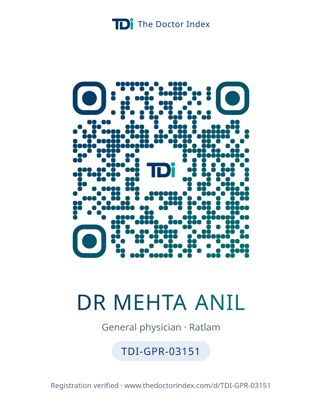 QR card for Dr Mehta Anil, TDI-GPR-03151