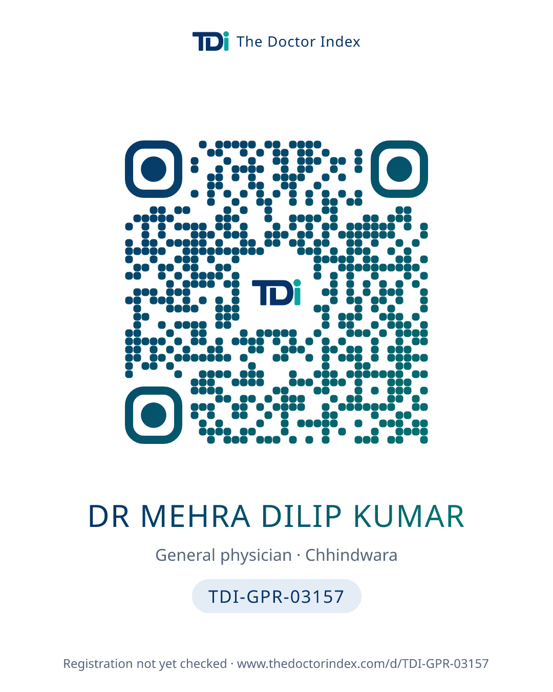 QR card for Dr Mehra Dilip Kumar, TDI-GPR-03157