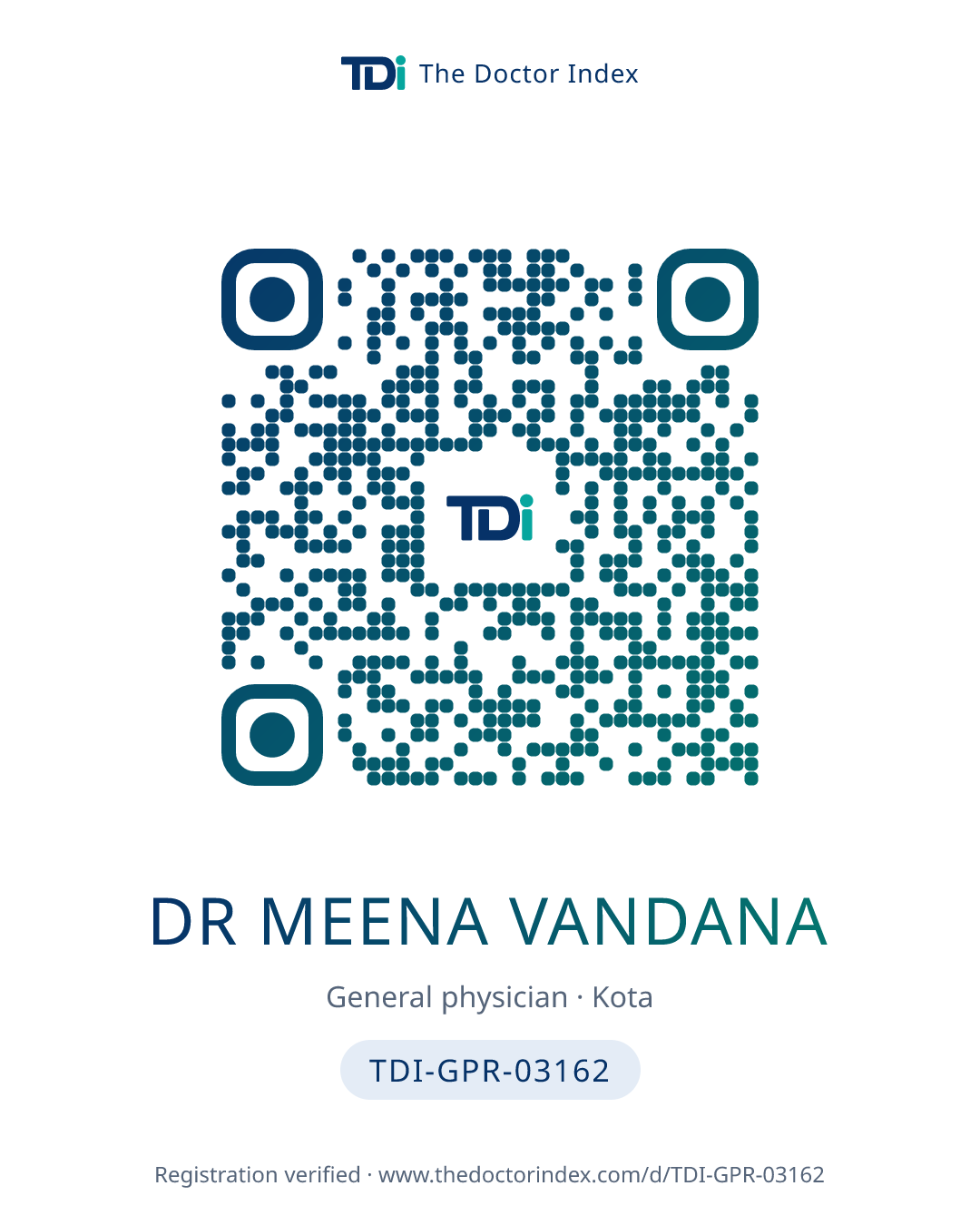 QR card for Dr Meena Vandana, TDI-GPR-03162
