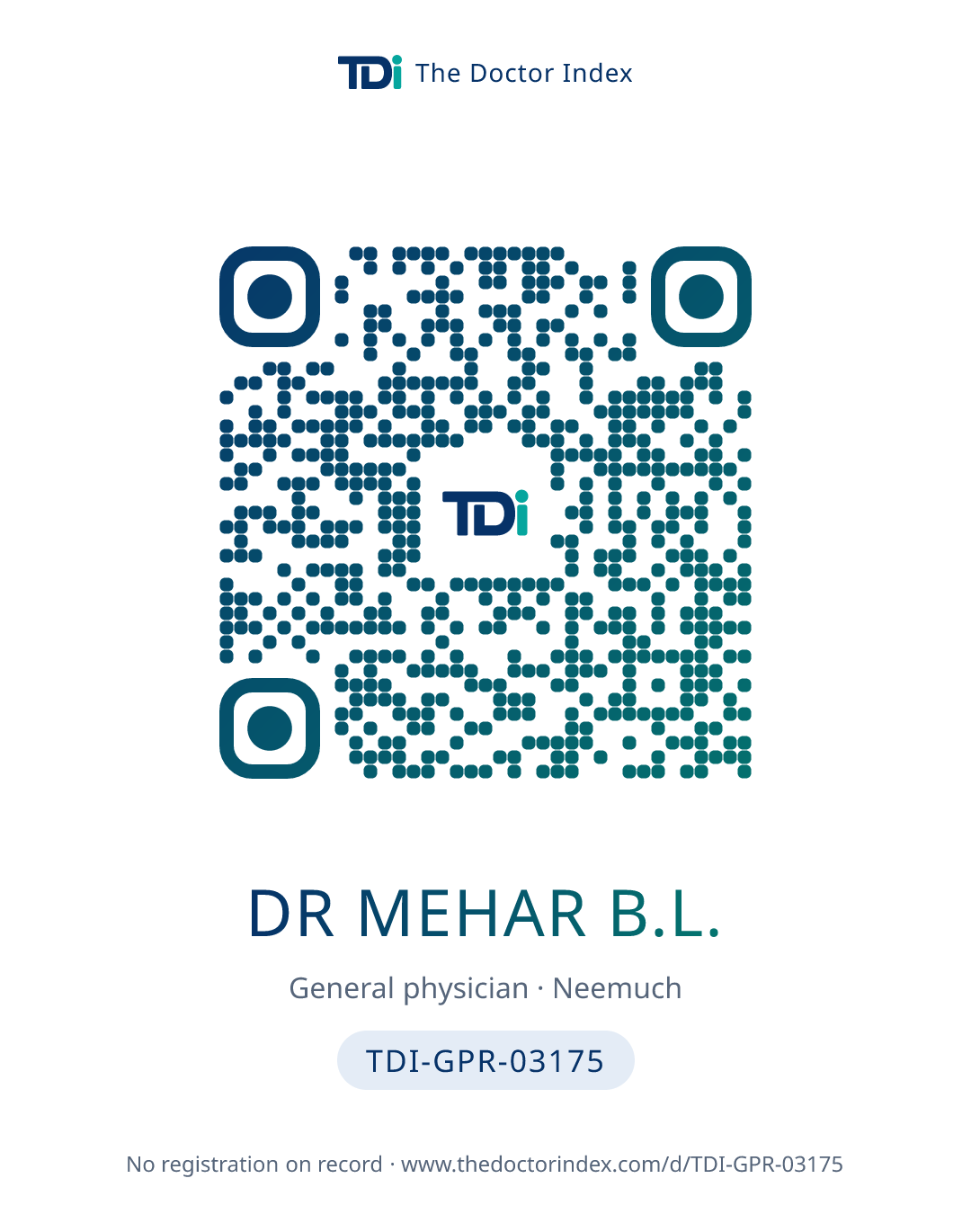 QR card for Dr Mehar B.L., TDI-GPR-03175
