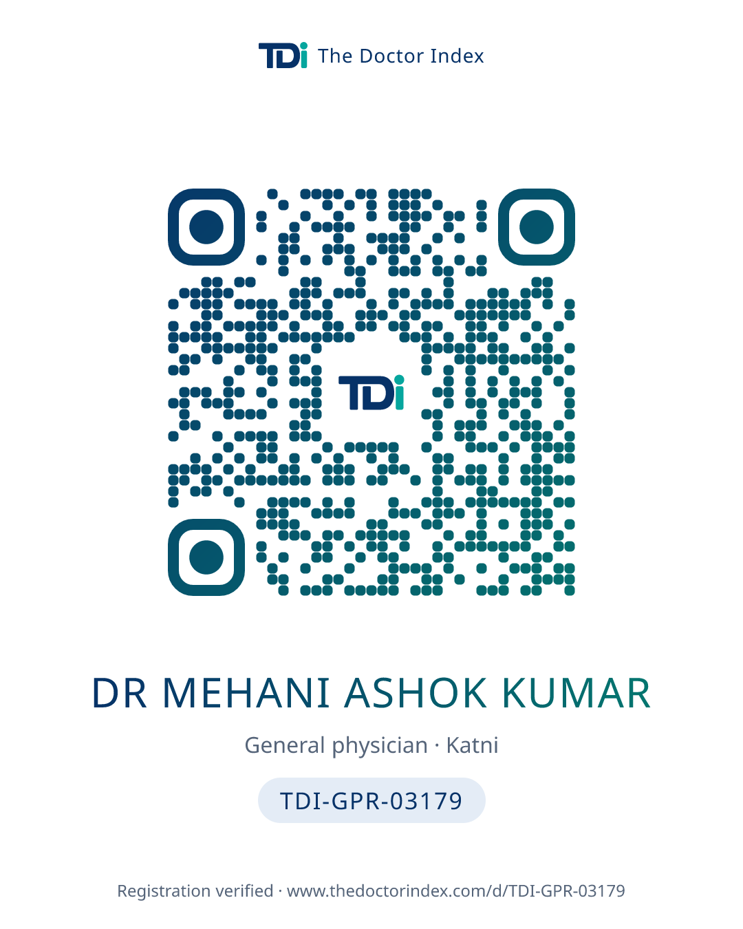 QR card for Dr Mehani Ashok Kumar, TDI-GPR-03179