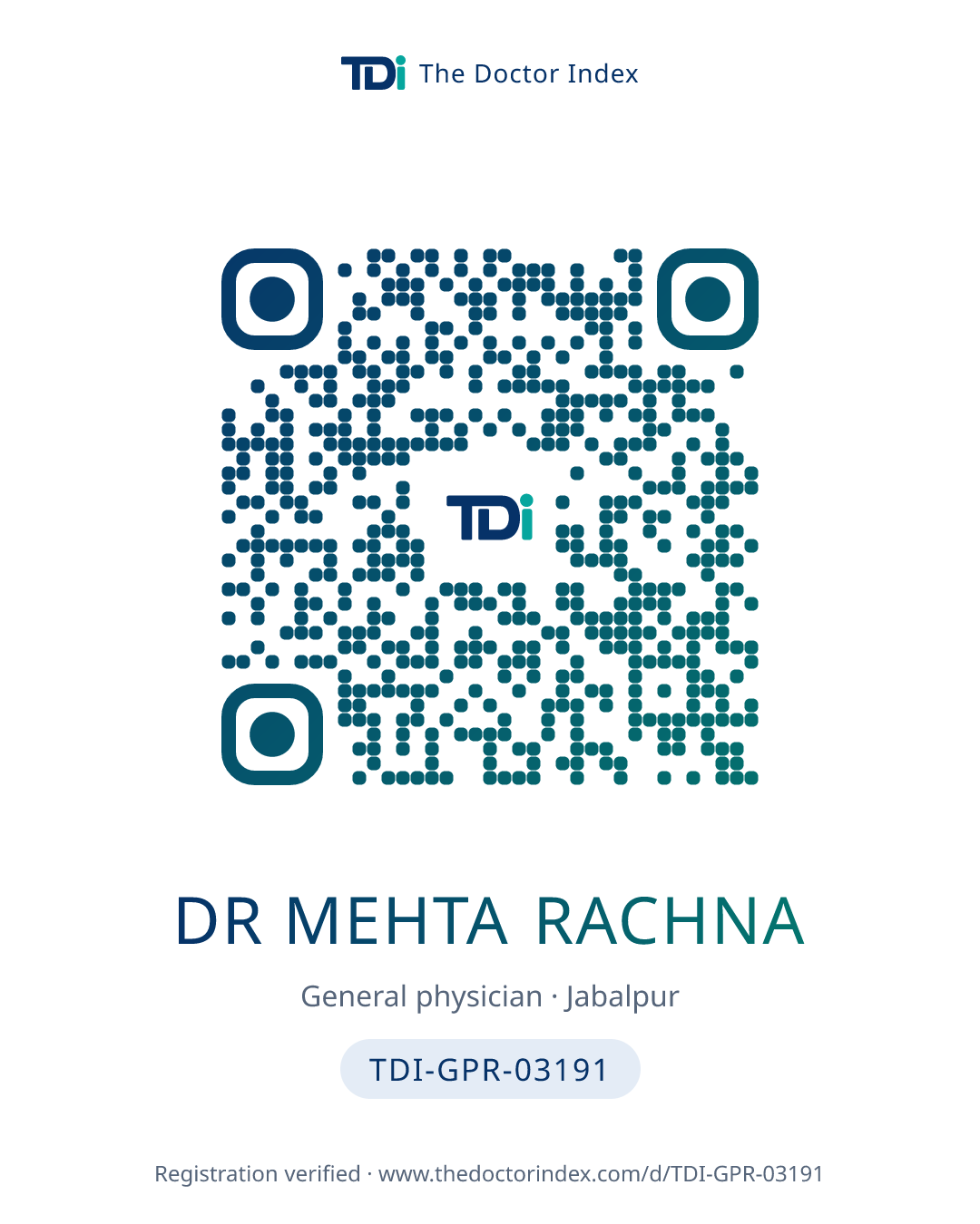 QR card for Dr Mehta Rachna, TDI-GPR-03191