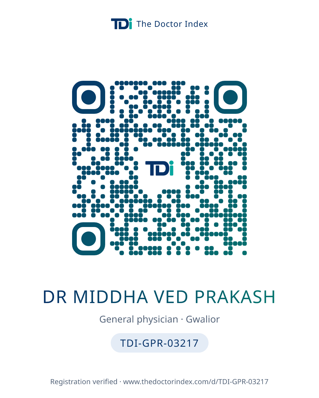QR card for Dr Middha Ved Prakash, TDI-GPR-03217