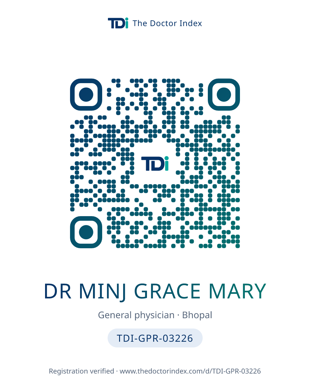 QR card for Dr Minj Grace Mary, TDI-GPR-03226