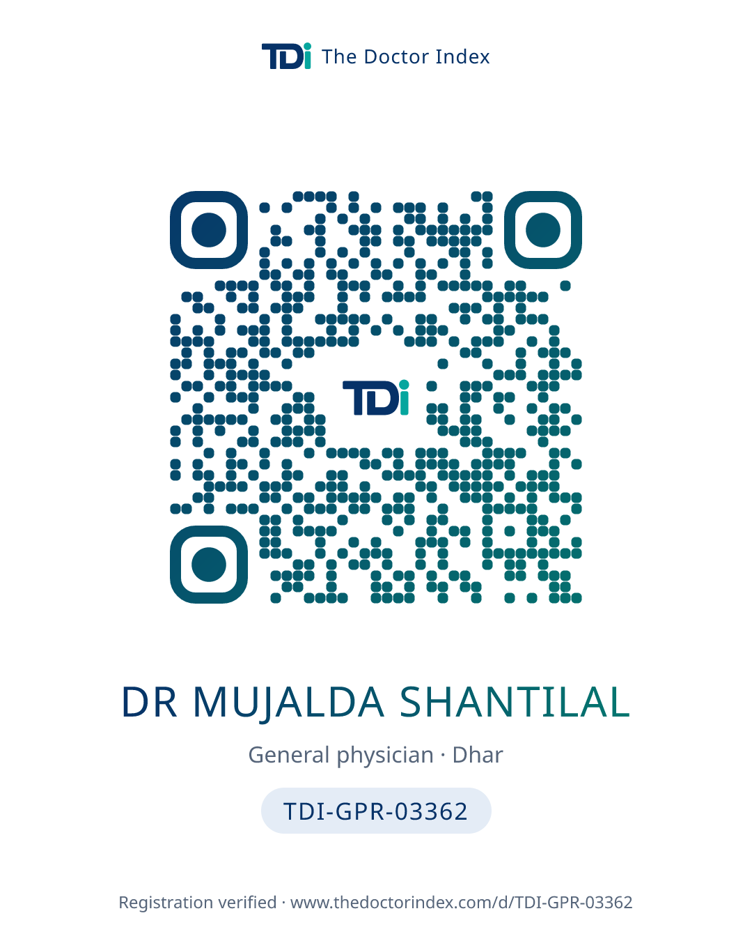 QR card for Dr Mujalda Shantilal, TDI-GPR-03362