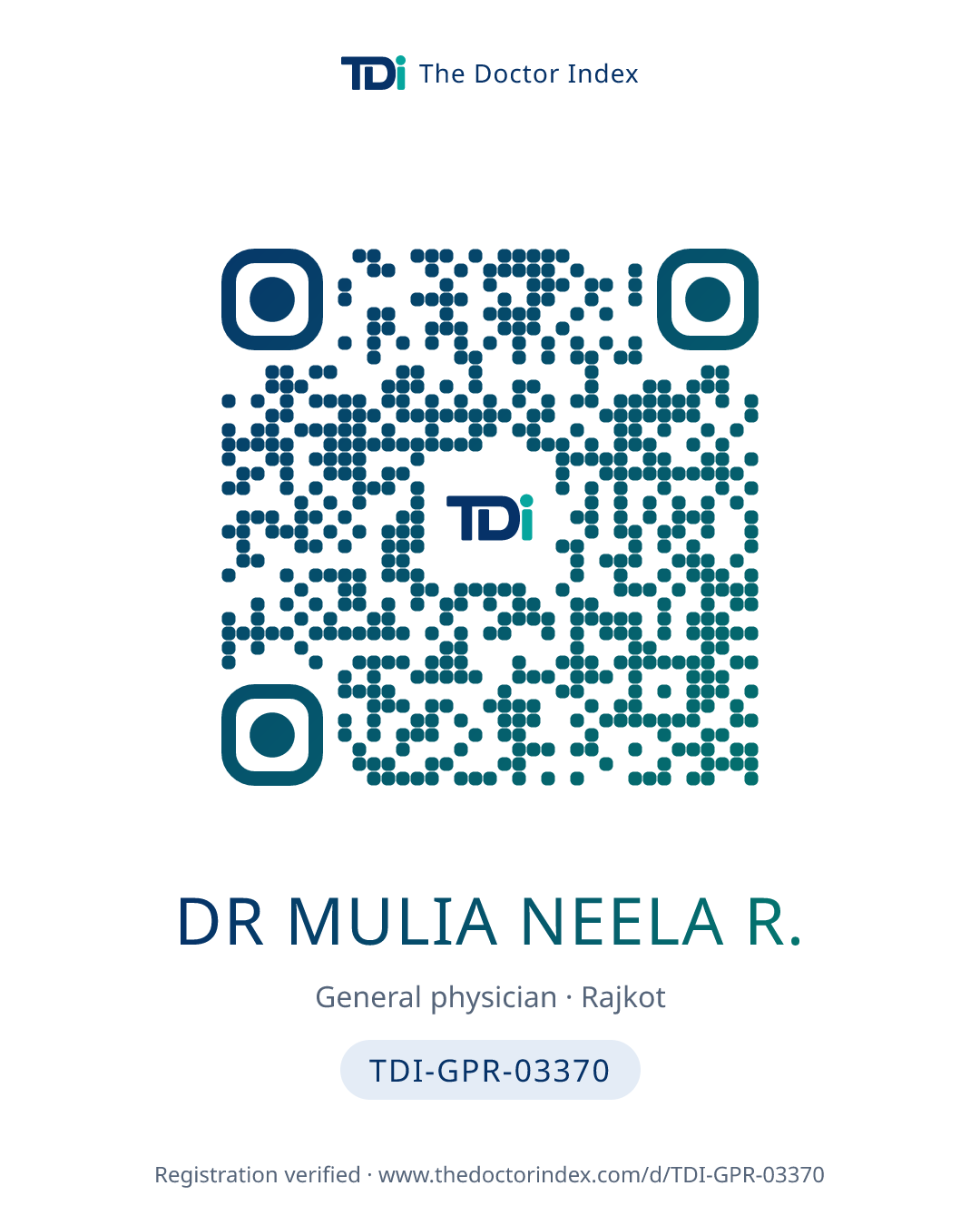 QR card for Dr Mulia Neela R., TDI-GPR-03370