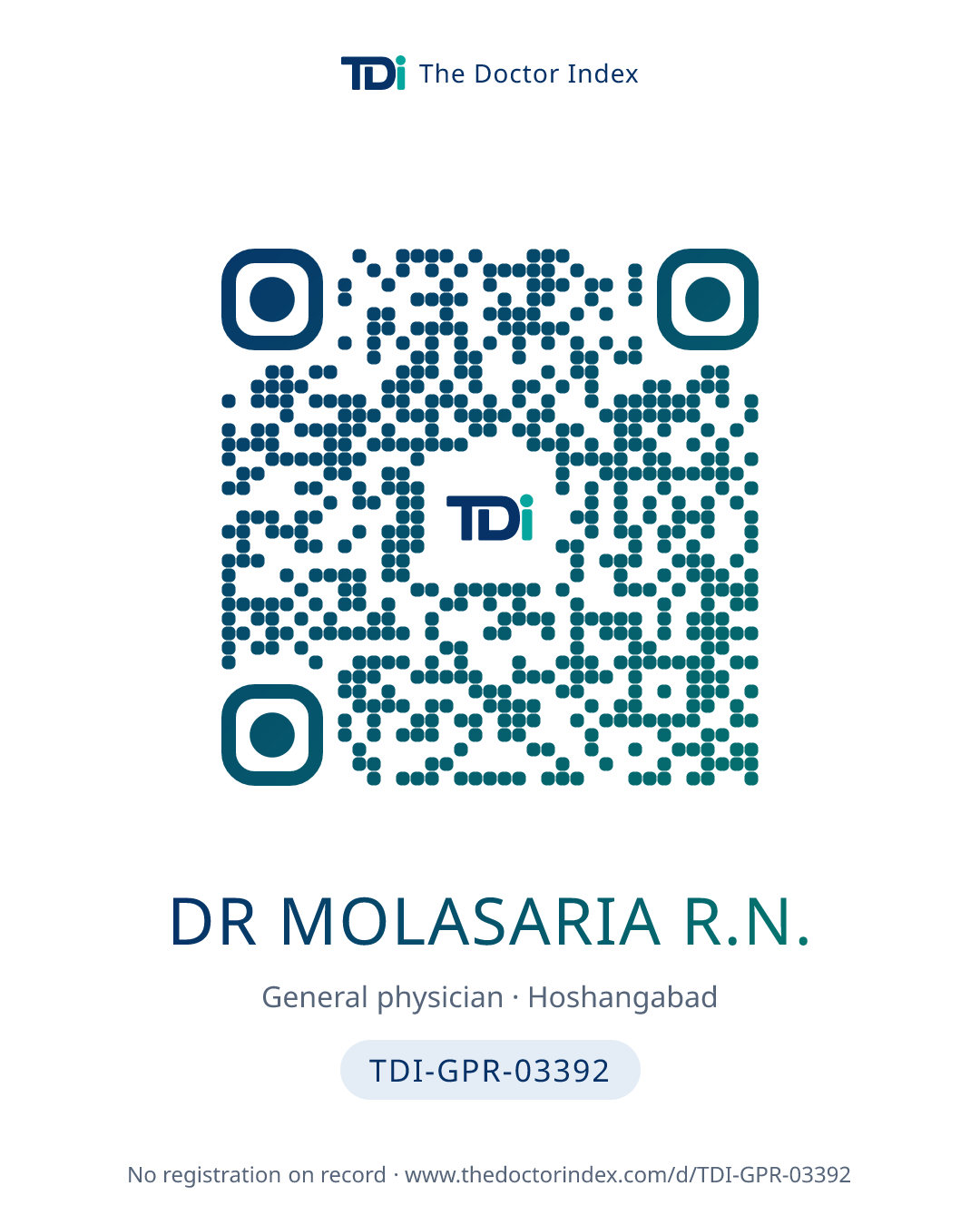 QR card for Dr Molasaria R.N., TDI-GPR-03392