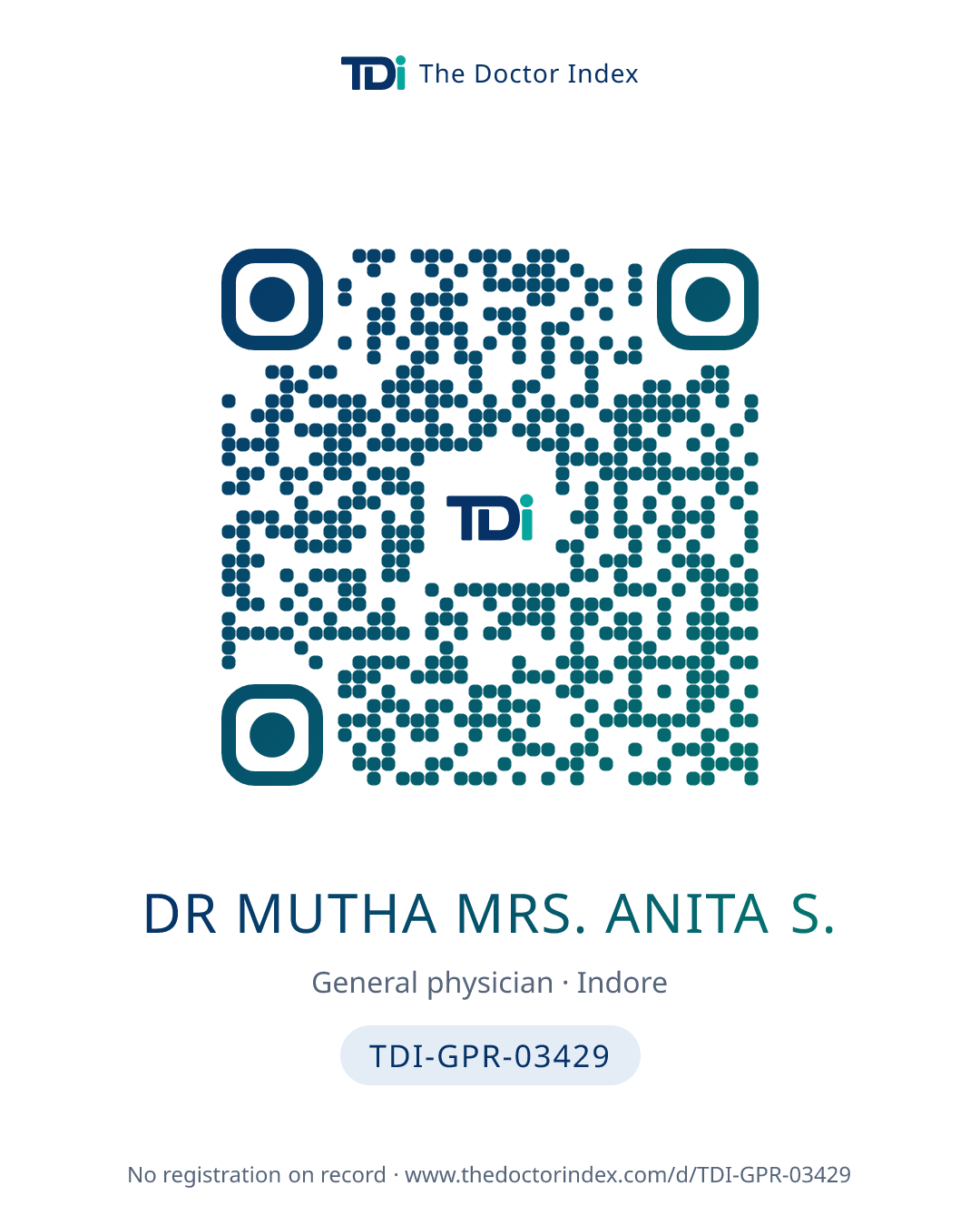 QR card for Dr Mutha Mrs. Anita S., TDI-GPR-03429
