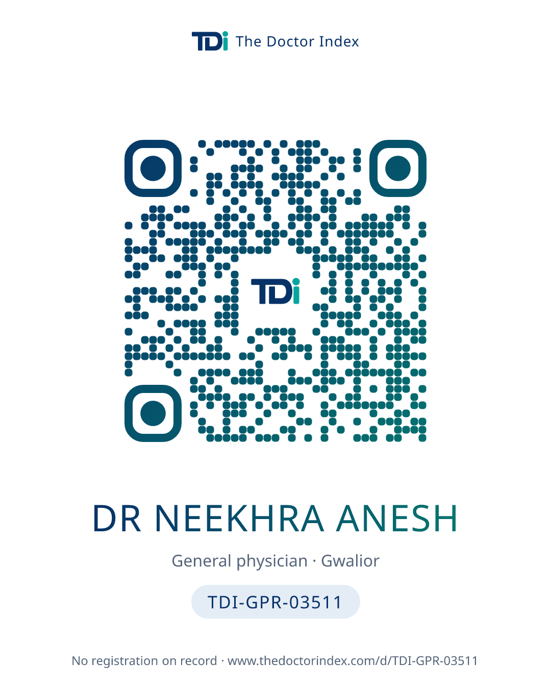 QR card for Dr Neekhra Anesh, TDI-GPR-03511