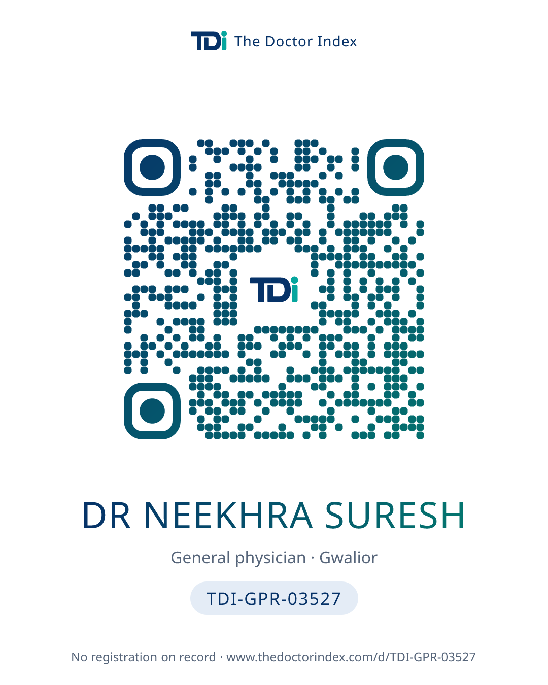 QR card for Dr Neekhra Suresh, TDI-GPR-03527