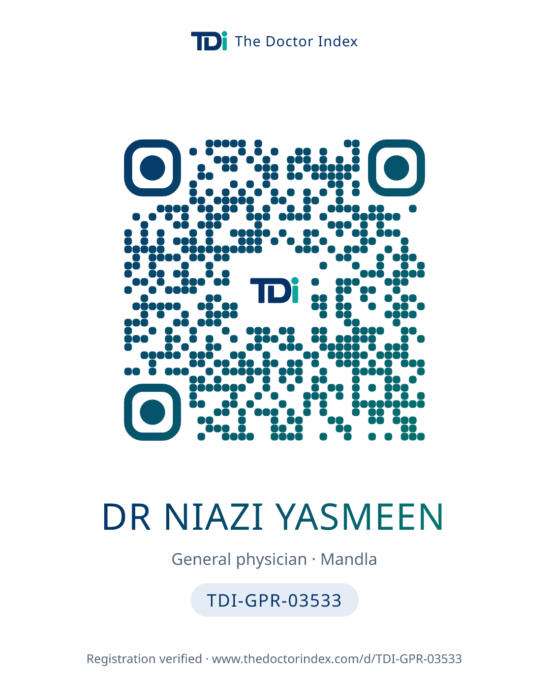 QR card for Dr Niazi Yasmeen, TDI-GPR-03533