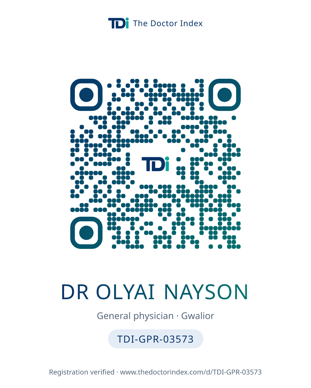 QR card for Dr Olyai Nayson, TDI-GPR-03573