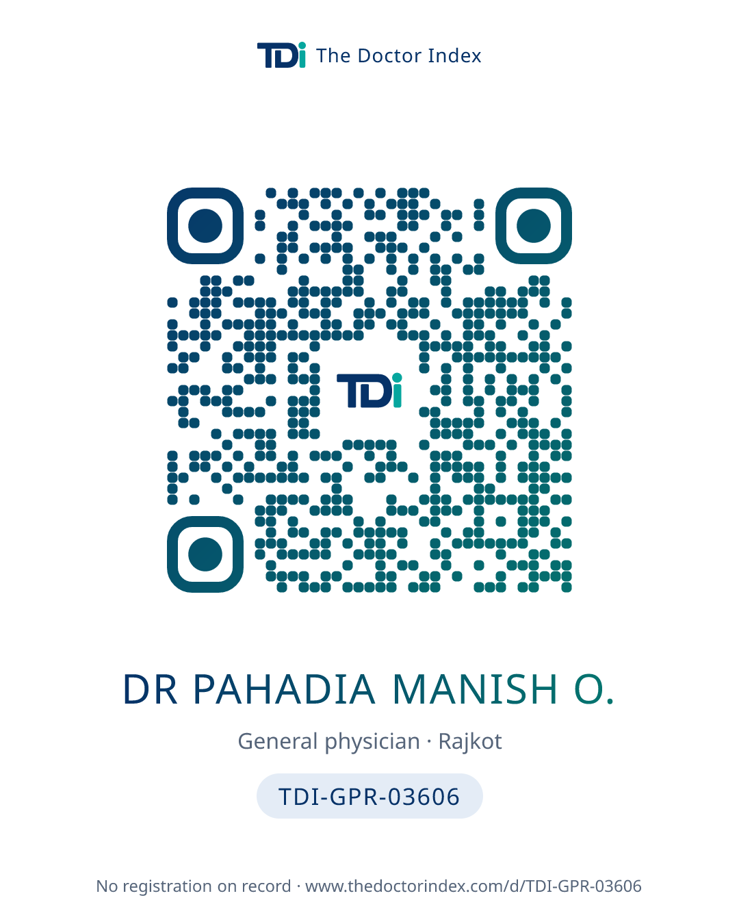 QR card for Dr Pahadia Manish O., TDI-GPR-03606