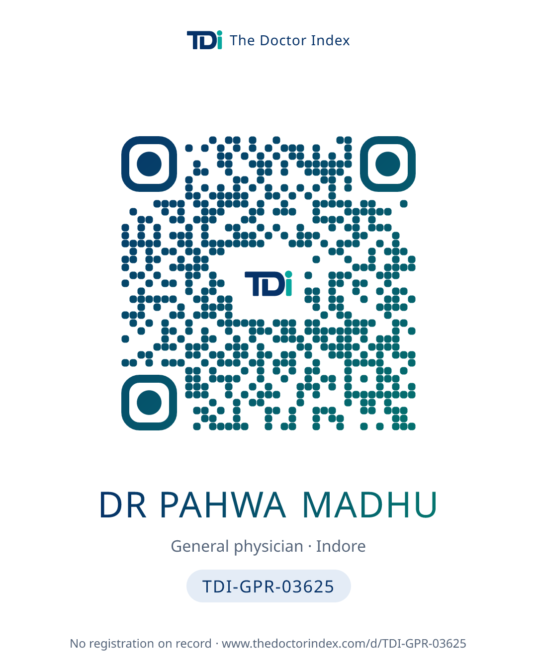 QR card for Dr Pahwa Madhu, TDI-GPR-03625
