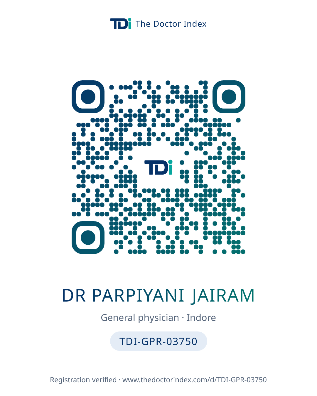 QR card for Dr Parpiyani Jairam, TDI-GPR-03750