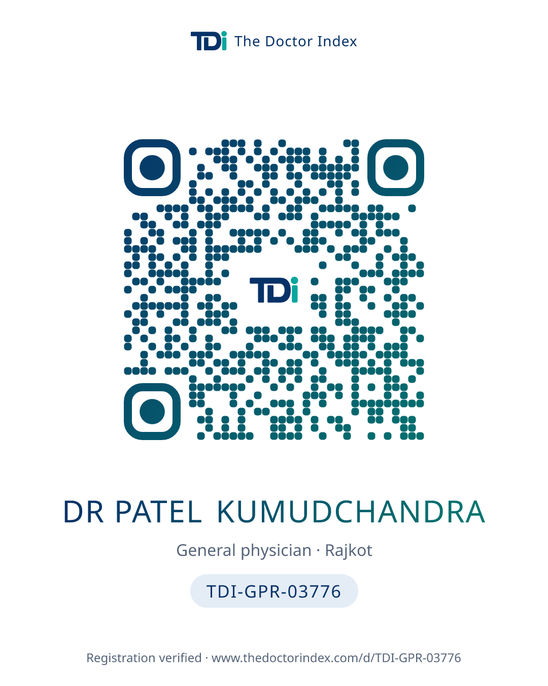 QR card for Dr Patel Kumudchandra, TDI-GPR-03776