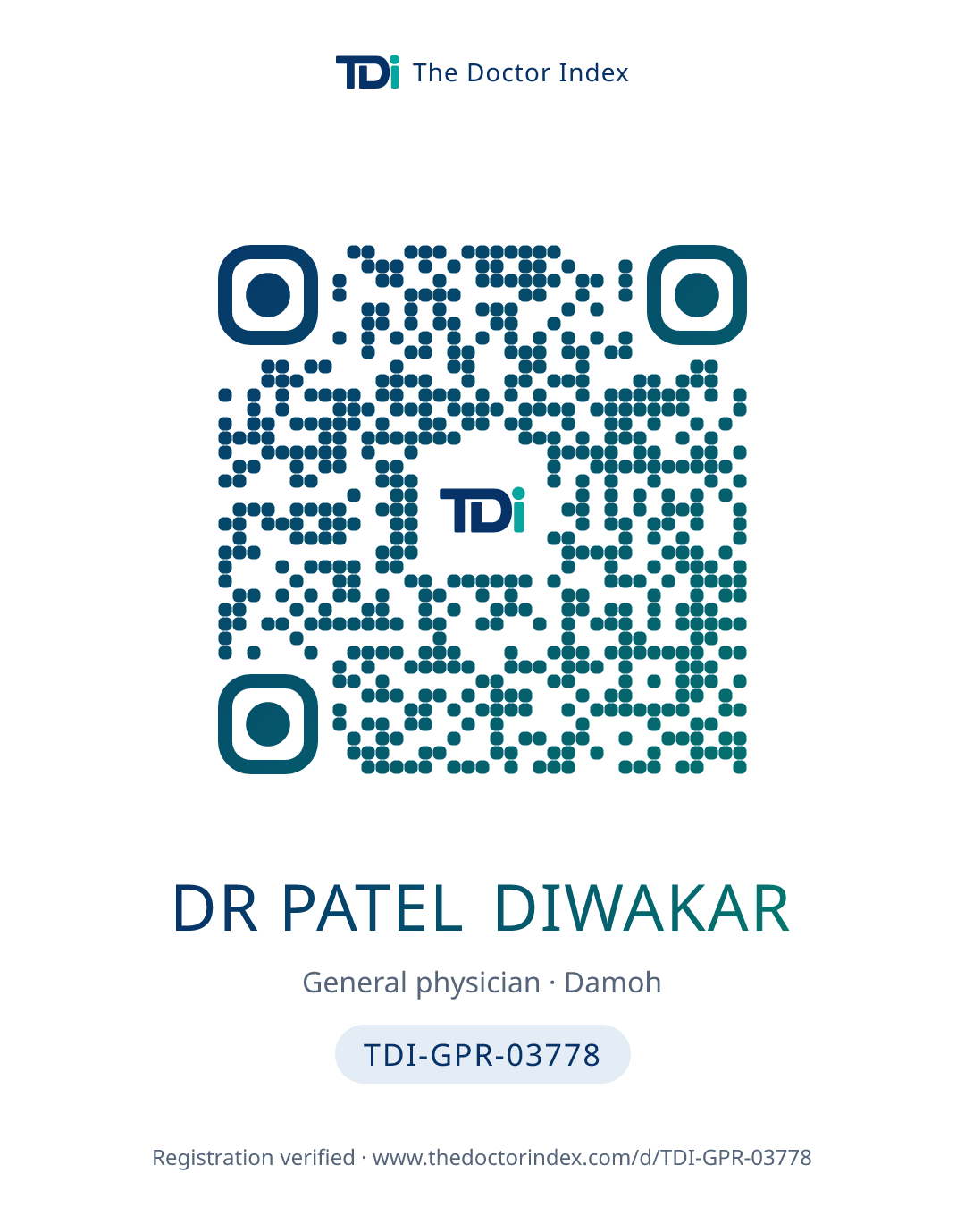 QR card for Dr Patel Diwakar, TDI-GPR-03778
