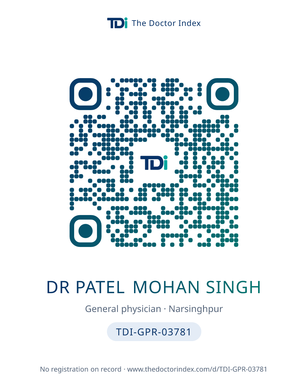 QR card for Dr Patel Mohan Singh, TDI-GPR-03781
