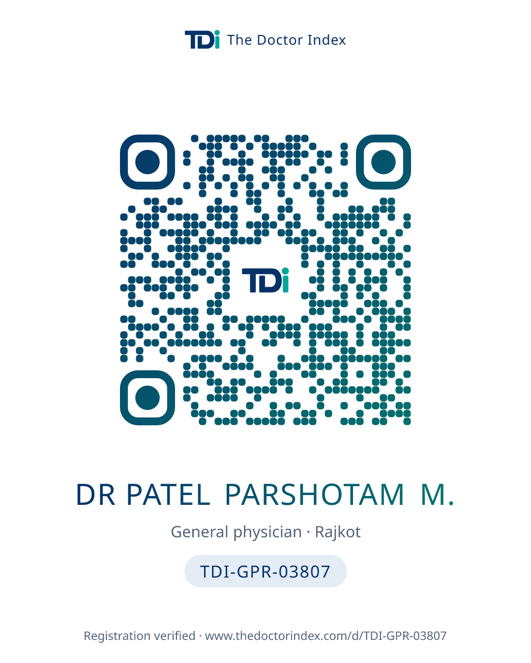 QR card for Dr Patel Parshotam M., TDI-GPR-03807