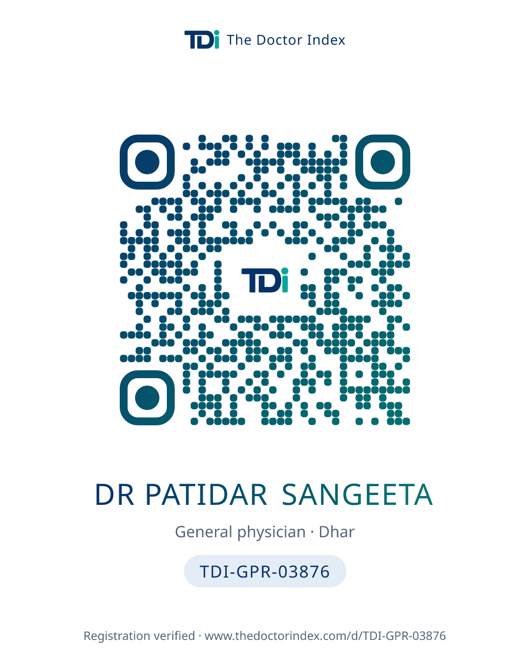QR card for Dr Patidar Sangeeta, TDI-GPR-03876