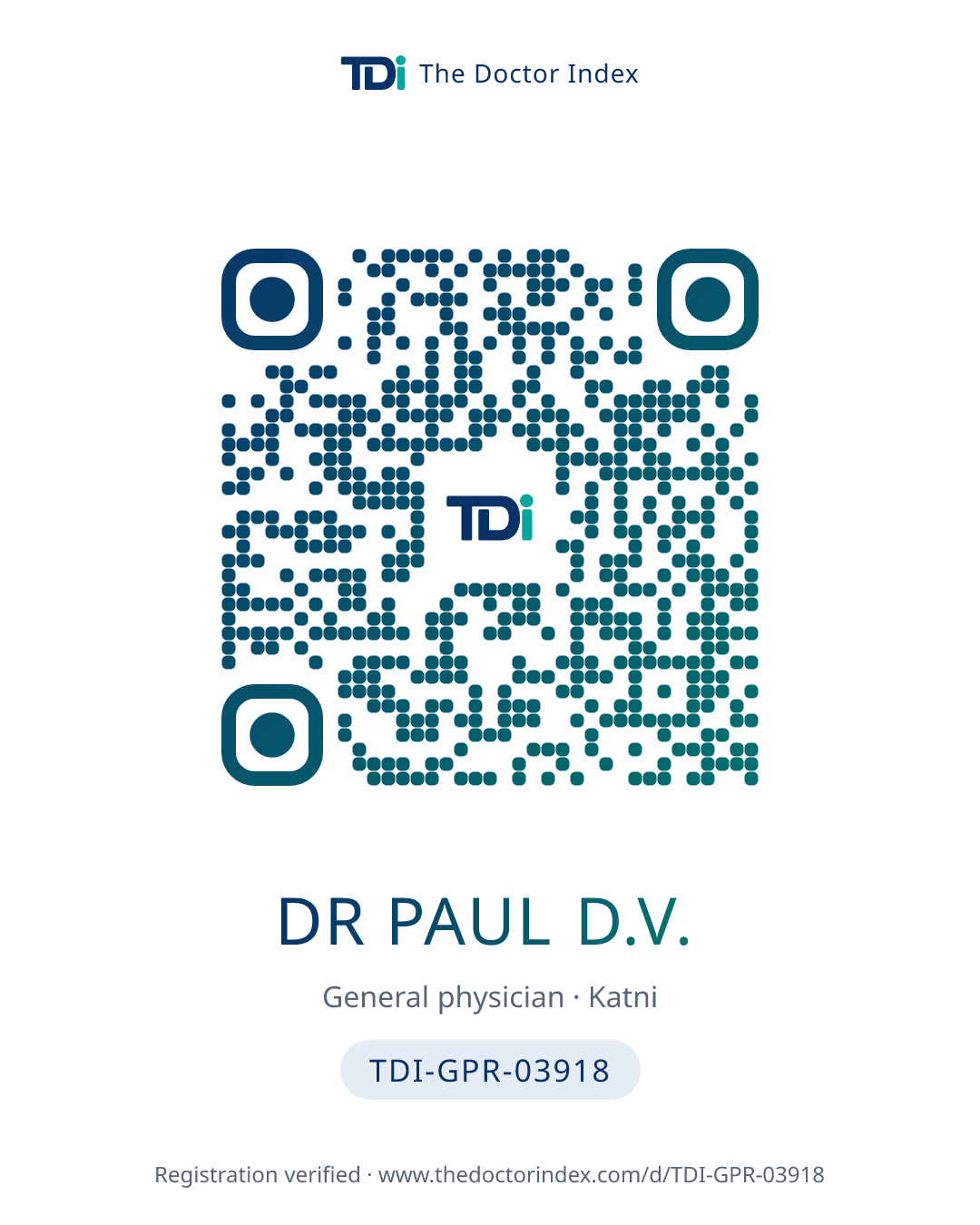 QR card for Dr Paul D.V., TDI-GPR-03918