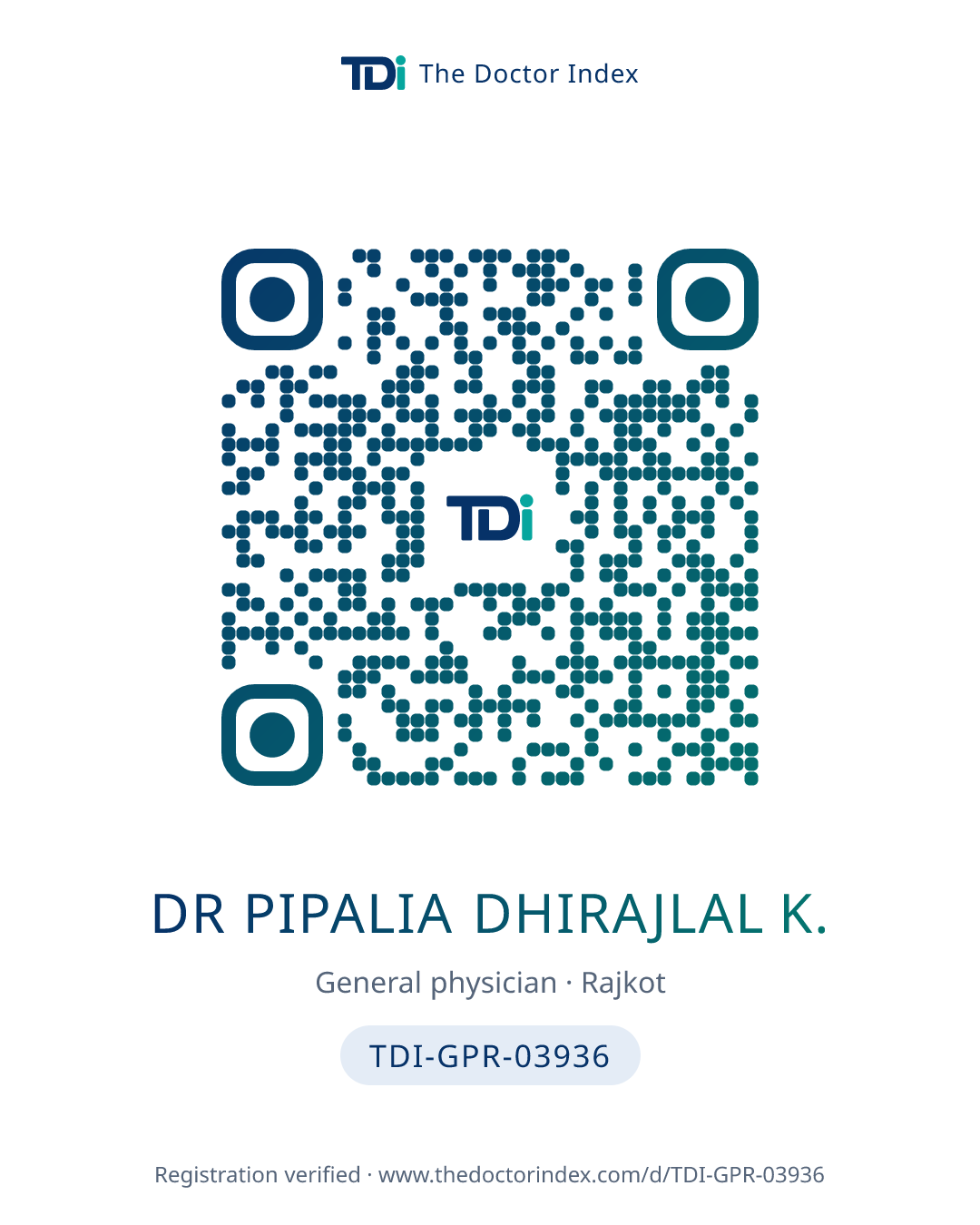QR card for Dr Pipalia Dhirajlal K., TDI-GPR-03936