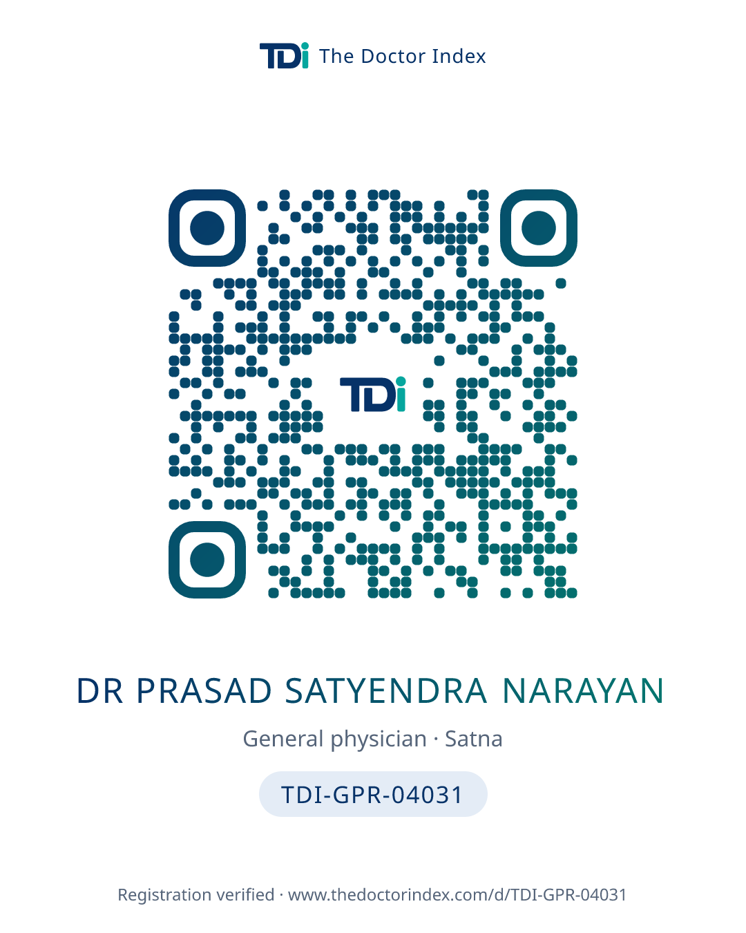 QR card for Dr Prasad Satyendra Narayan, TDI-GPR-04031