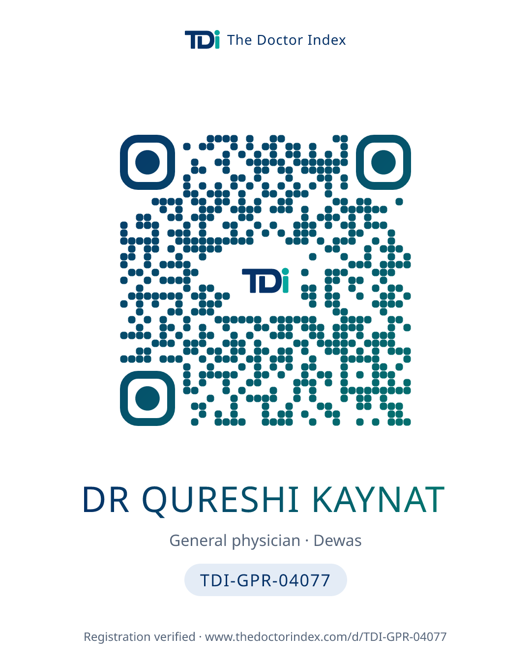QR card for Dr Qureshi Kaynat, TDI-GPR-04077