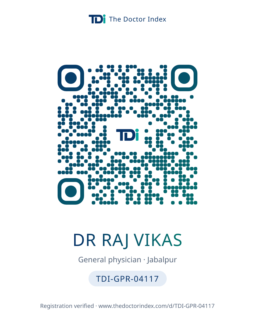 QR card for Dr Raj Vikas, TDI-GPR-04117