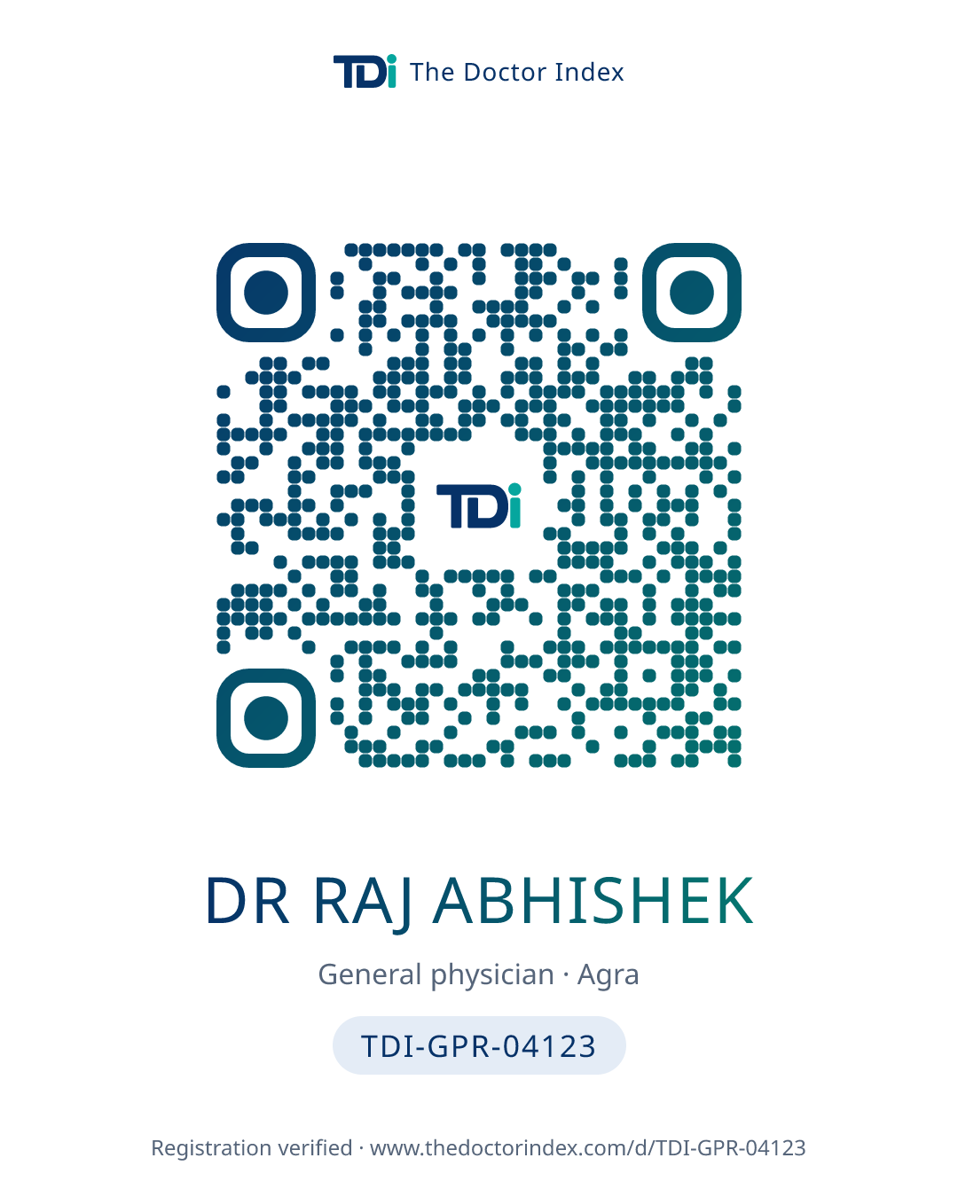 QR card for Dr Raj Abhishek, TDI-GPR-04123