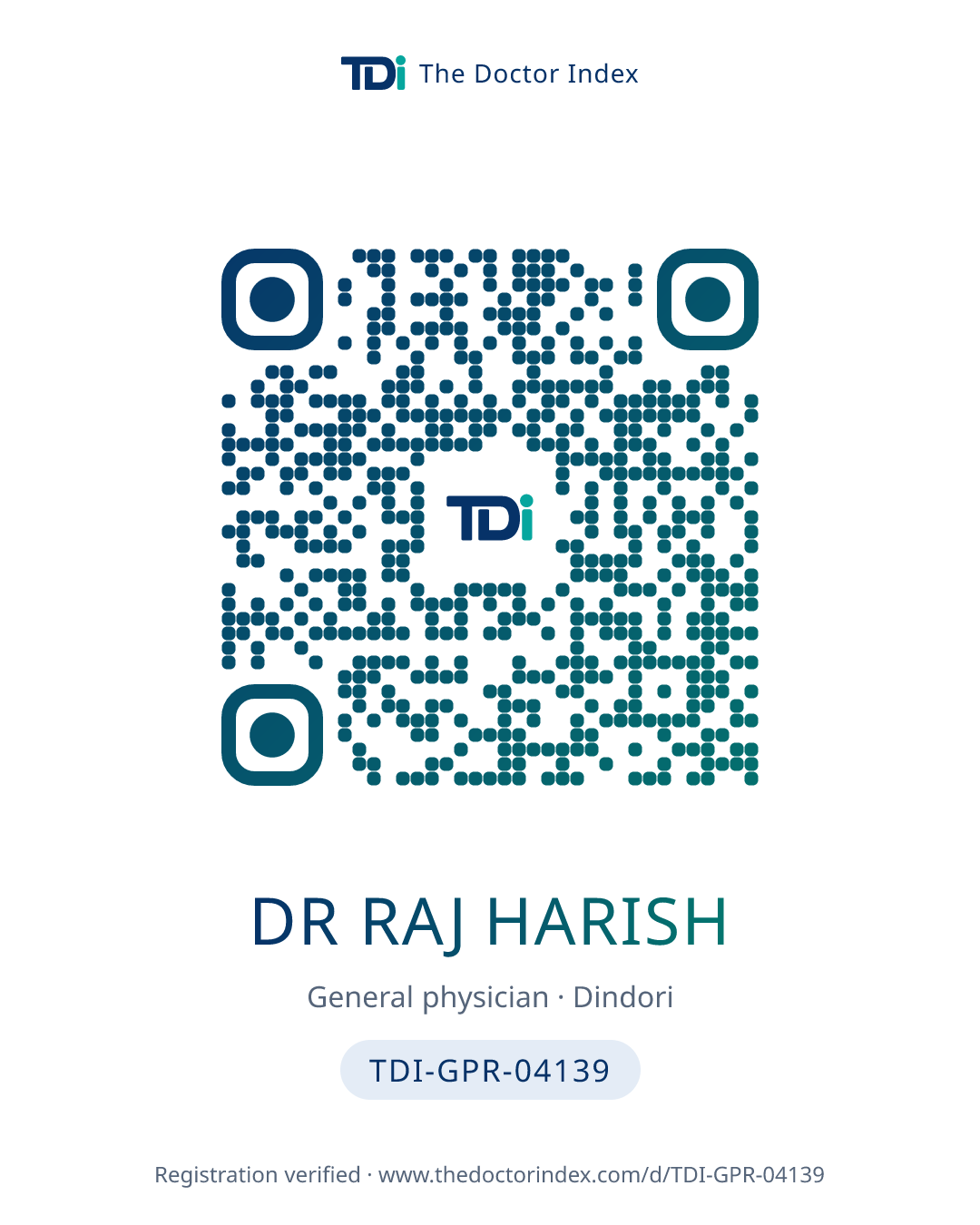 QR card for Dr Raj Harish, TDI-GPR-04139