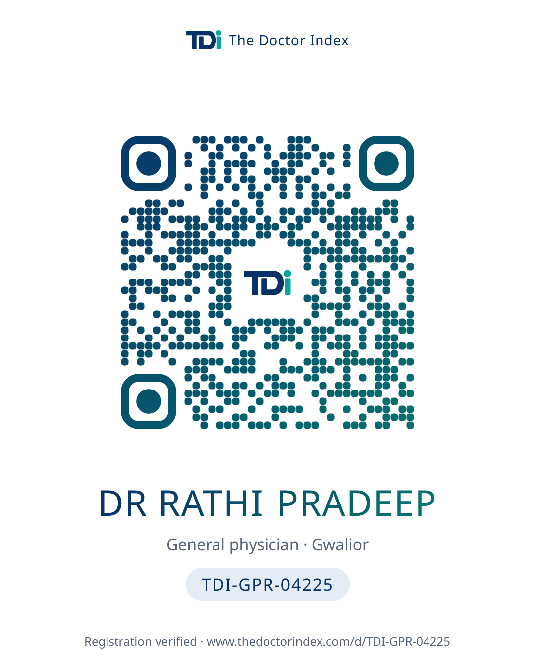 QR card for Dr Rathi Pradeep, TDI-GPR-04225