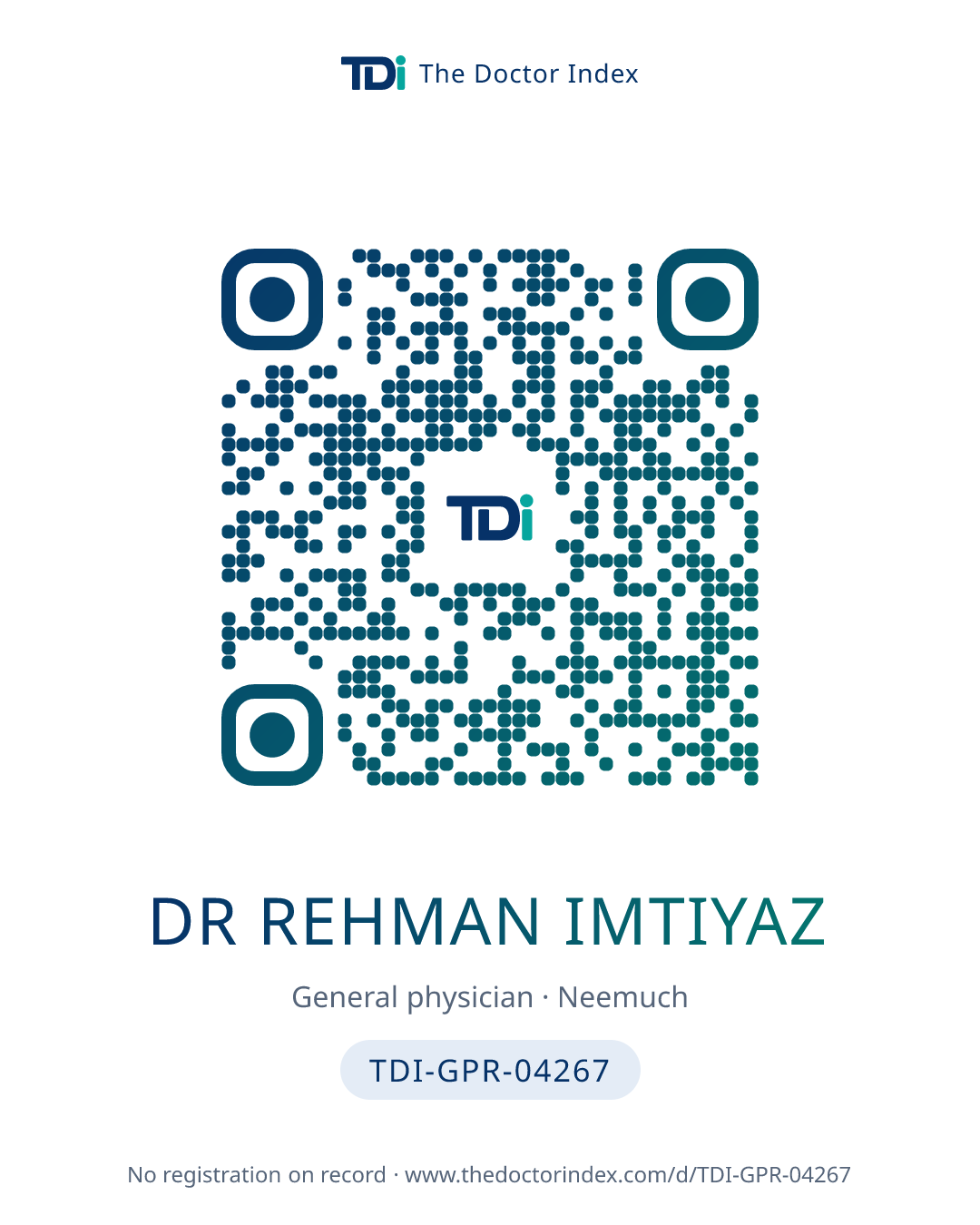 QR card for Dr Rehman Imtiyaz, TDI-GPR-04267