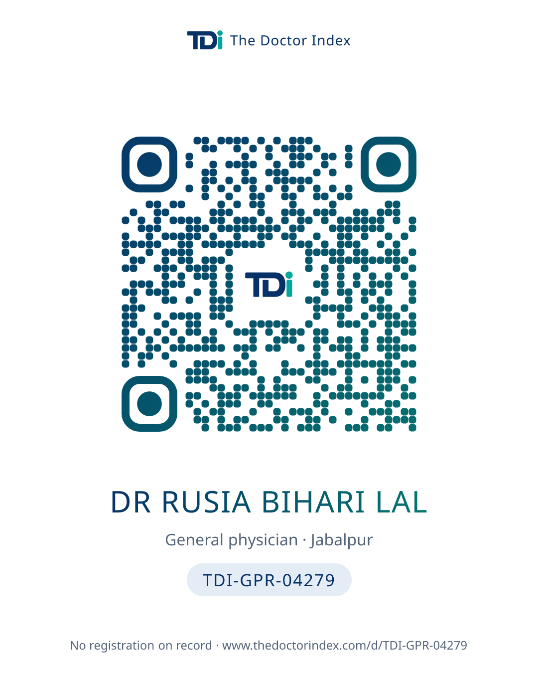 QR card for Dr Rusia Bihari Lal, TDI-GPR-04279