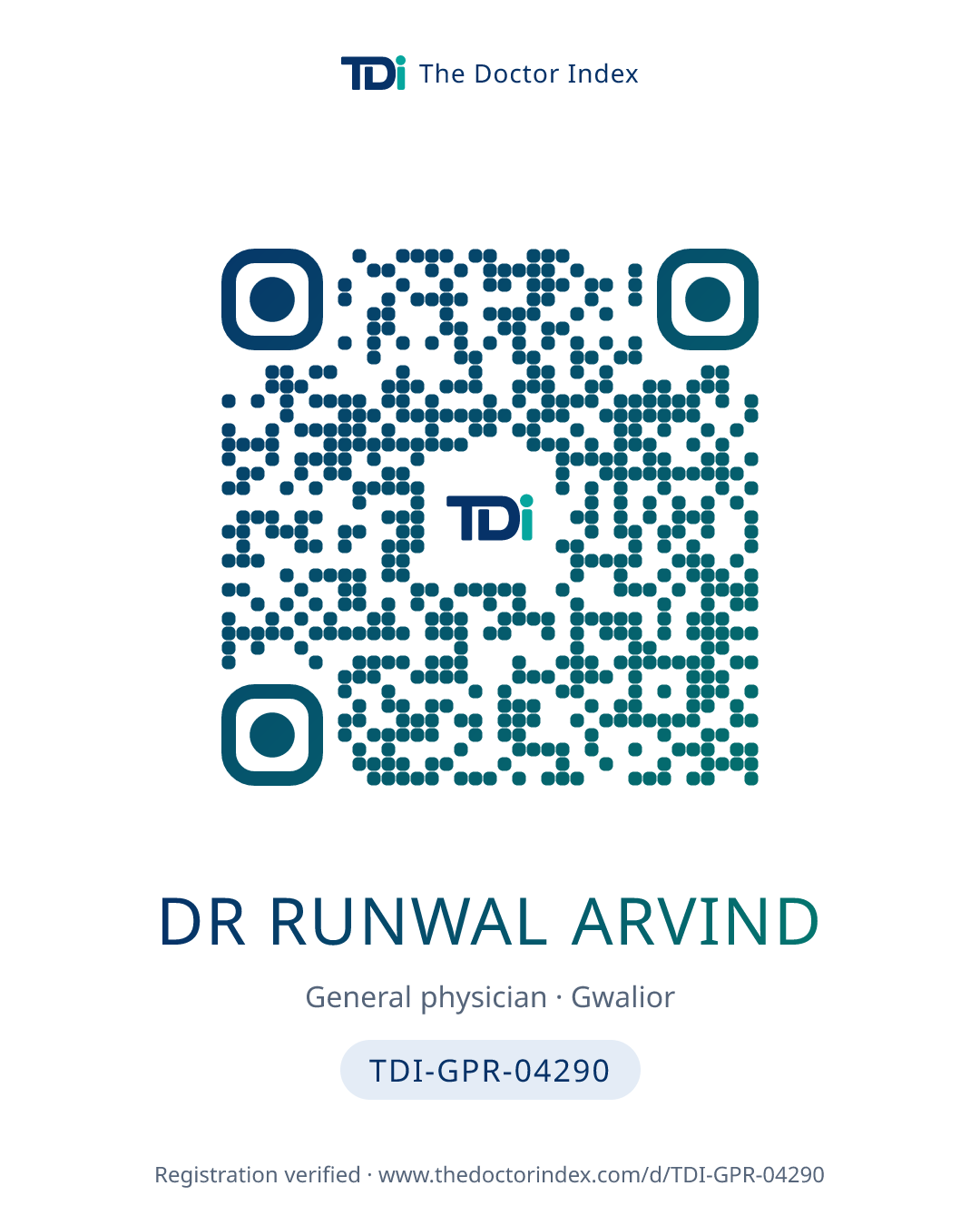QR card for Dr Runwal Arvind, TDI-GPR-04290