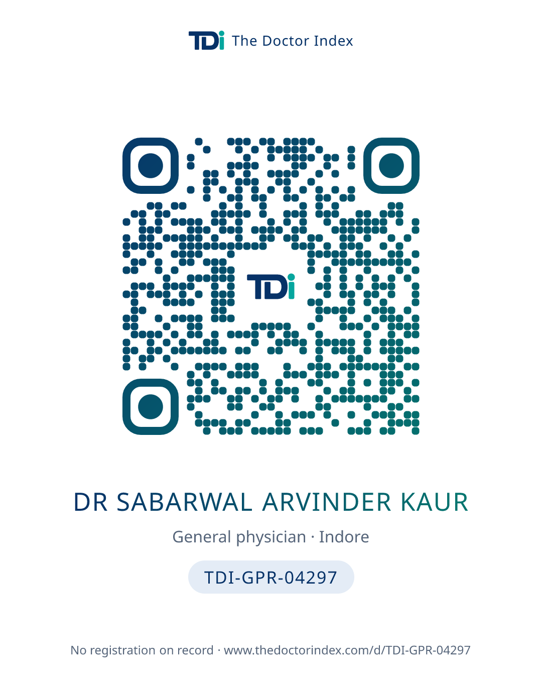 QR card for Dr Sabarwal Arvinder Kaur, TDI-GPR-04297