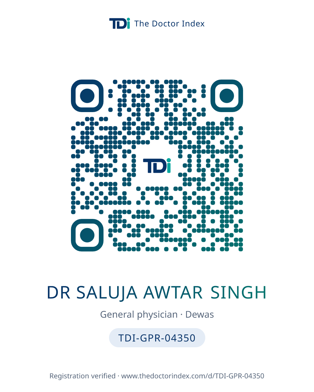 QR card for Dr Saluja Awtar Singh, TDI-GPR-04350