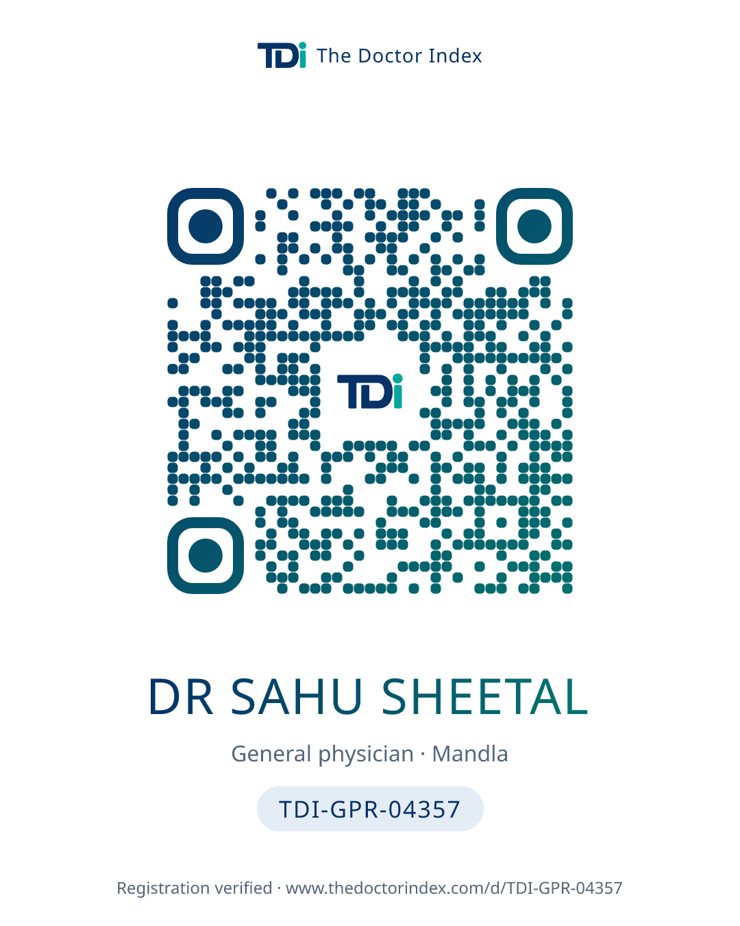 QR card for Dr Sahu Sheetal, TDI-GPR-04357